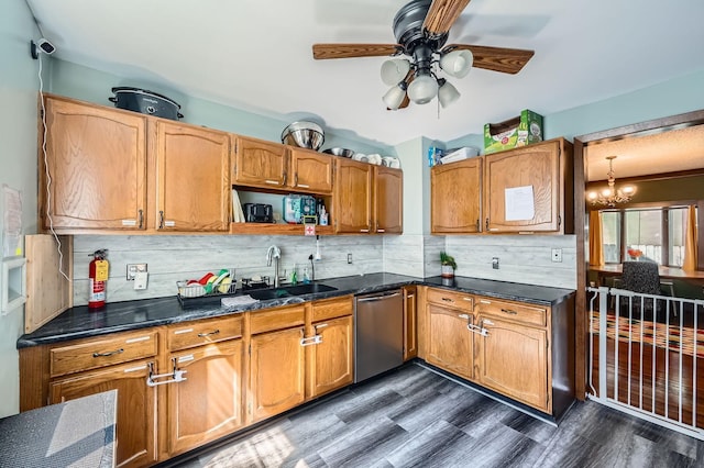 1268 Stanford Ave, Saint Paul, MN 55105 - kitchen with stainless steel dishwasher, dark wood-type flooring, a ceiling fan, a chandelier, and backsplash