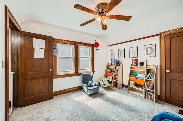 1268 Stanford Ave, Saint Paul, MN 55105 - living area with lofted ceiling, carpet flooring, and a ceiling fan