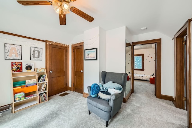 1268 Stanford Ave, Saint Paul, MN 55105 - sitting room with lofted ceiling, carpet, and a ceiling fan