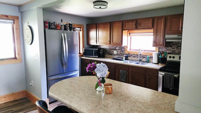 315 Woodworth St, Elmwood, WI 54740 - kitchen featuring appliances with stainless steel finishes, under cabinet range hood, backsplash, and light countertops