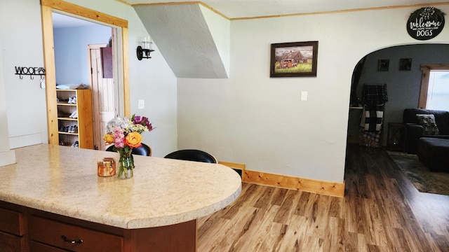 315 Woodworth St, Elmwood, WI 54740 - kitchen with arched walkways, wood finished floors, light countertops, a peninsula, and crown molding