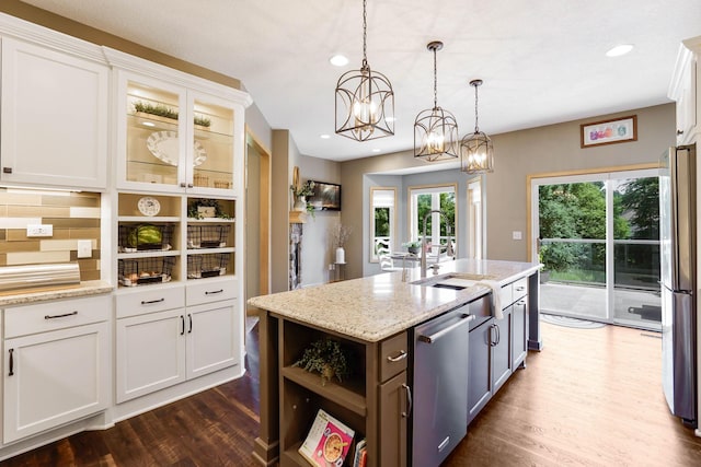 2064 141st Ln NE, Ham Lake, MN 55304 - kitchen with dishwasher, dark wood-type flooring, white cabinetry, freestanding refrigerator, and recessed lighting