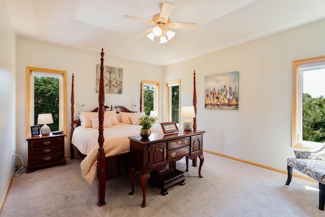 2064 141st Ln NE, Ham Lake, MN 55304 - bedroom with light carpet, a tray ceiling, and ceiling fan