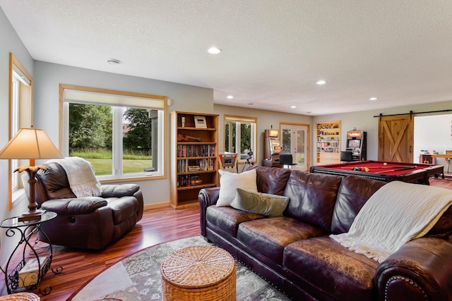 2064 141st Ln NE, Ham Lake, MN 55304 - living area with a barn door, healthy amount of natural light, a textured ceiling, wood finished floors, and recessed lighting