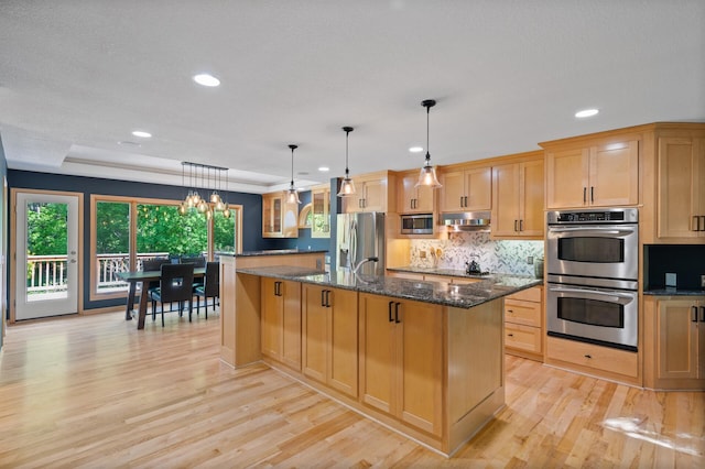 9610 28th Ave N, Plymouth, MN 55441 - kitchen featuring stainless steel appliances, under cabinet range hood, light wood finished floors, a kitchen island with sink, and recessed lighting