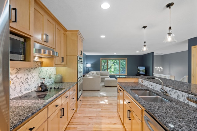 9610 28th Ave N, Plymouth, MN 55441 - kitchen featuring appliances with stainless steel finishes, under cabinet range hood, open floor plan, light wood-type flooring, and hanging light fixtures