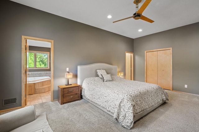 9610 28th Ave N, Plymouth, MN 55441 - bedroom with recessed lighting, carpet, ensuite bathroom, a closet, and ceiling fan