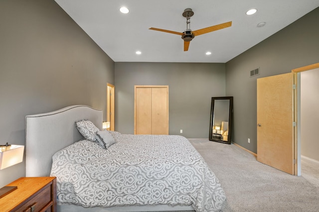 9610 28th Ave N, Plymouth, MN 55441 - bedroom featuring light colored carpet, recessed lighting, a closet, and a ceiling fan