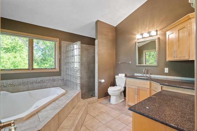 9610 28th Ave N, Plymouth, MN 55441 - bathroom with a bath, vanity, healthy amount of natural light, tile patterned floors, and lofted ceiling