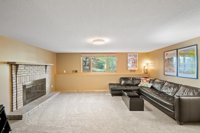 9610 28th Ave N, Plymouth, MN 55441 - living area with a textured ceiling, carpet floors, and a brick fireplace
