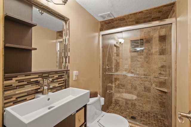 9610 28th Ave N, Plymouth, MN 55441 - full bath with vanity, a stall shower, decorative backsplash, and a textured ceiling