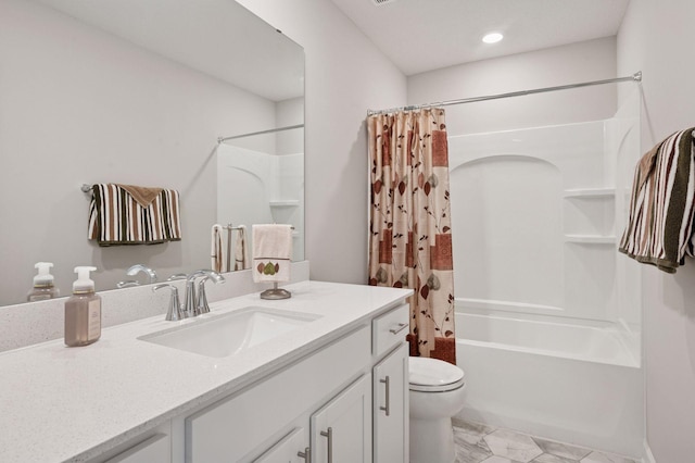 10888 Territorial Trl, Dayton, MN 55369 - full bathroom with vanity, shower / bath combo, marble finish flooring, and recessed lighting