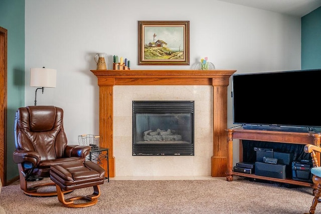 2711 Cedar Ave, Holmen, WI 54636 - living area featuring carpet floors and a tiled fireplace