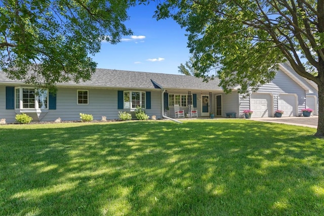 905 Sellards Dr, Dassel, MN 55325 - ranch-style home with a garage, a front lawn, covered porch, driveway, and a shingled roof