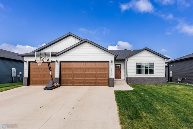8827 Northern Lights Ave, Horace, ND 58047 - ranch-style house with a garage, concrete driveway, a front yard, and brick siding