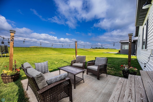 8827 Northern Lights Ave, Horace, ND 58047 - wooden terrace featuring a trampoline, a yard, and outdoor lounge area