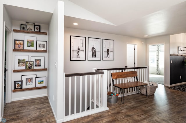 8827 Northern Lights Ave, Horace, ND 58047 - hallway featuring wood finished floors, lofted ceiling, recessed lighting, and an upstairs landing