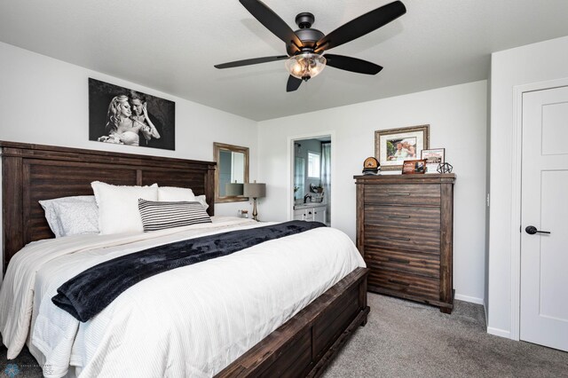 8827 Northern Lights Ave, Horace, ND 58047 - bedroom with light carpet, a ceiling fan, and ensuite bath