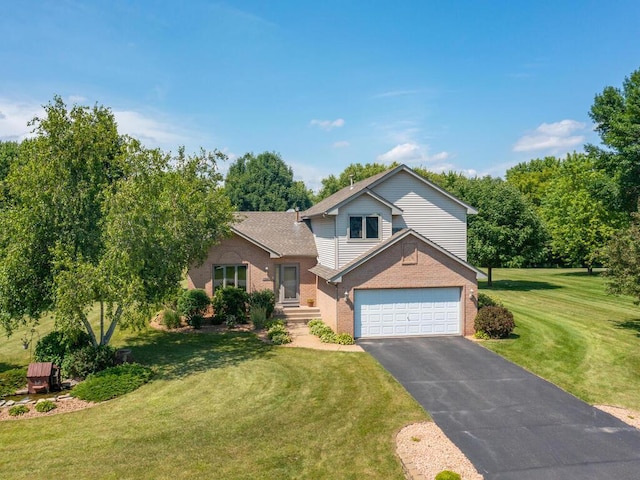 13680 57th St NE, Saint Michael, MN 55376 - tri-level home featuring brick siding, asphalt driveway, a front lawn, and an attached garage