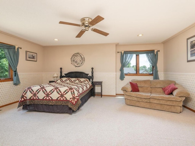 13680 57th St NE, Saint Michael, MN 55376 - bedroom with carpet, a wainscoted wall, crown molding, multiple windows, and wallpapered walls