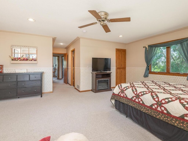 13680 57th St NE, Saint Michael, MN 55376 - bedroom featuring a wainscoted wall, light colored carpet, recessed lighting, ceiling fan, and ornamental molding