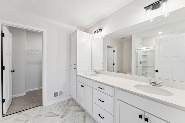 7415 E Ramsey Pkwy NW, Ramsey, MN 55303 - full bath featuring a shower stall, a spacious closet, double vanity, and marble finish flooring