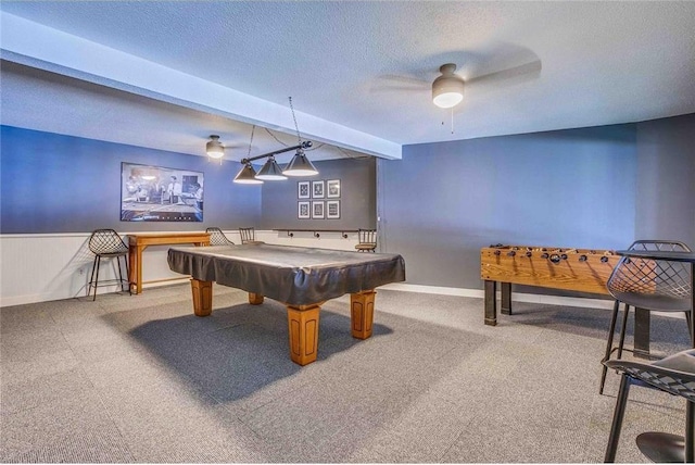 6201 Saint Croix Trl N Unit 115, Oak Park Heights, MN 55082 - rec room with carpet flooring, ceiling fan, pool table, a textured ceiling, and wainscoting