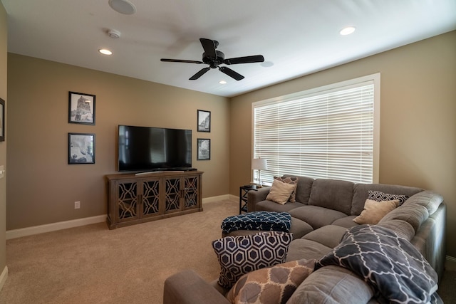60515 235th St, Madison Lake, MN 56063 - living room featuring carpet floors, a ceiling fan, and recessed lighting