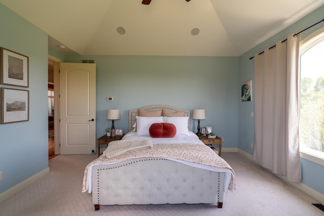 60515 235th St, Madison Lake, MN 56063 - bedroom with vaulted ceiling, light carpet, and a ceiling fan