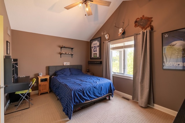 60515 235th St, Madison Lake, MN 56063 - bedroom with light colored carpet, vaulted ceiling, and a ceiling fan