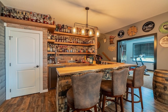 60515 235th St, Madison Lake, MN 56063 - indoor wet bar with dark wood-style floors, lofted ceiling, hanging light fixtures, and refrigerator