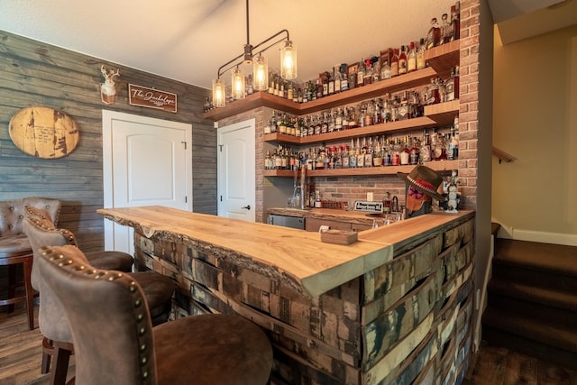 60515 235th St, Madison Lake, MN 56063 - indoor wet bar featuring dark wood-type flooring and pendant lighting
