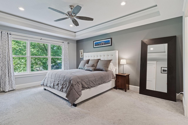 4312 France Ave S, Edina, MN 55410 - carpeted bedroom featuring a tray ceiling, crown molding, recessed lighting, and a ceiling fan