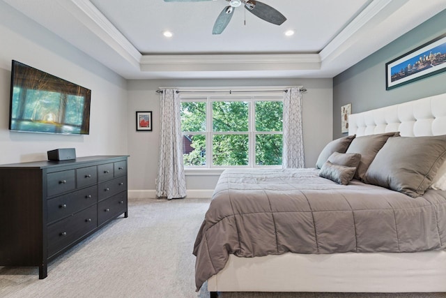 4312 France Ave S, Edina, MN 55410 - bedroom featuring a tray ceiling, crown molding, light carpet, a ceiling fan, and recessed lighting