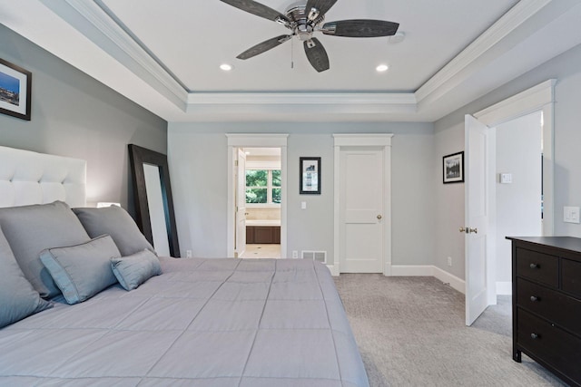 4312 France Ave S, Edina, MN 55410 - bedroom with a tray ceiling, light carpet, ornamental molding, recessed lighting, and ensuite bath