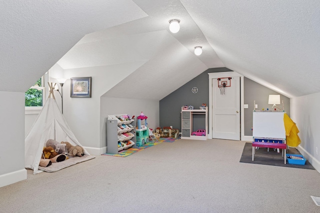 4312 France Ave S, Edina, MN 55410 - playroom featuring carpet floors, a textured ceiling, and lofted ceiling