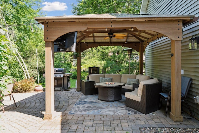 4312 France Ave S, Edina, MN 55410 - view of patio with a gazebo, ceiling fan, an outdoor living space with a fire pit, and grilling area