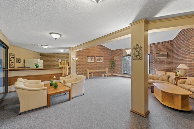 3850 Plymouth Blvd Unit 204, Plymouth, MN 55446 - carpeted living area with brick wall and a textured ceiling