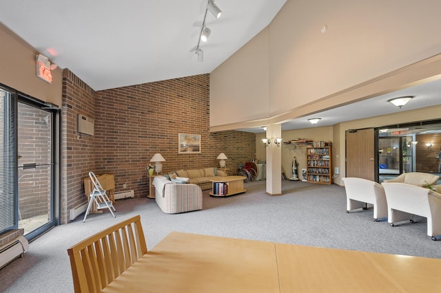 3850 Plymouth Blvd Unit 204, Plymouth, MN 55446 - living area featuring carpet flooring, high vaulted ceiling, brick wall, rail lighting, and plenty of natural light