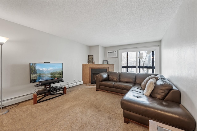 3850 Plymouth Blvd Unit 204, Plymouth, MN 55446 - living area featuring a wall mounted air conditioner, carpet, a textured ceiling, and a fireplace with raised hearth