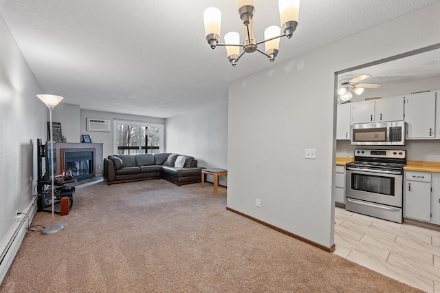 3850 Plymouth Blvd Unit 204, Plymouth, MN 55446 - living room featuring light carpet, a glass covered fireplace, a textured ceiling, a chandelier, and a baseboard radiator