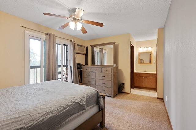 3850 Plymouth Blvd Unit 204, Plymouth, MN 55446 - bedroom featuring access to exterior, light colored carpet, a textured ceiling, connected bathroom, and a ceiling fan