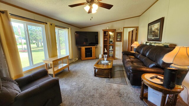3665 Fox Ln, Pequot Lakes, MN 56472 - living room featuring vaulted ceiling, carpet, ornamental molding, a textured ceiling, and a ceiling fan