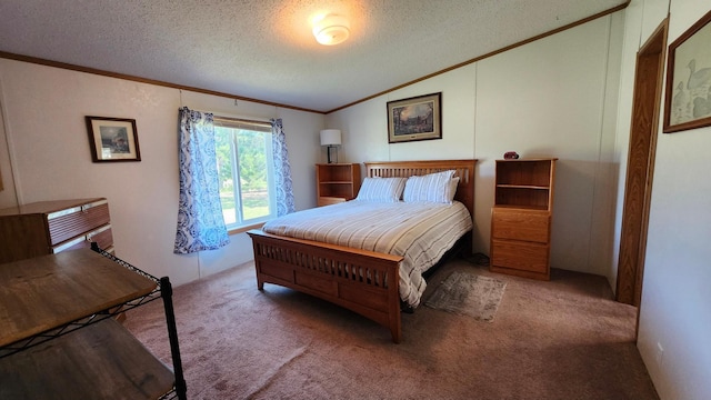 3665 Fox Ln, Pequot Lakes, MN 56472 - bedroom with ornamental molding, lofted ceiling, carpet, and a textured ceiling