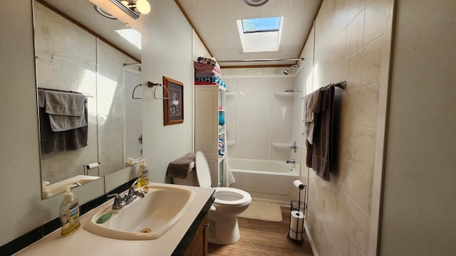 3665 Fox Ln, Pequot Lakes, MN 56472 - full bath with vanity, wood finished floors, a skylight, and shower / bath combination with curtain