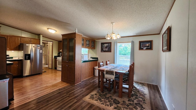 3665 Fox Ln, Pequot Lakes, MN 56472 - dining space with a chandelier, dark wood-type flooring, a textured ceiling, and vaulted ceiling