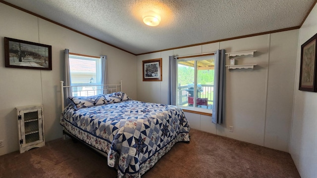 3665 Fox Ln, Pequot Lakes, MN 56472 - carpeted bedroom featuring ornamental molding, lofted ceiling, multiple windows, and a textured ceiling