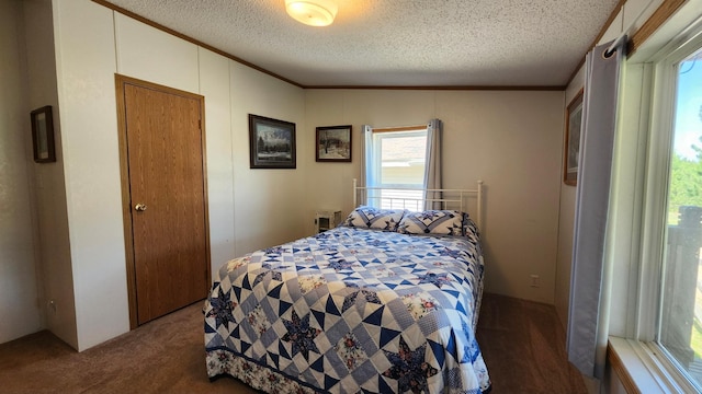 3665 Fox Ln, Pequot Lakes, MN 56472 - carpeted bedroom with a textured ceiling and crown molding