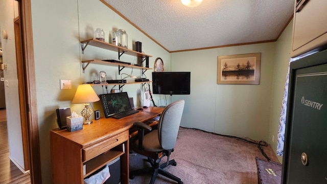 3665 Fox Ln, Pequot Lakes, MN 56472 - home office with crown molding, a textured ceiling, and carpet flooring