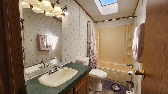 3665 Fox Ln, Pequot Lakes, MN 56472 - full bathroom with vanity, shower / bath combination with curtain, wallpapered walls, and a skylight